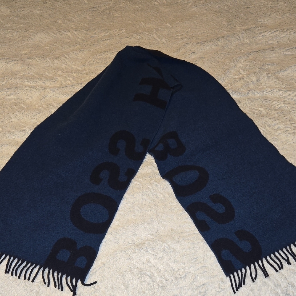 Hugo Boss Dark Blue Scarf with Black Lettering